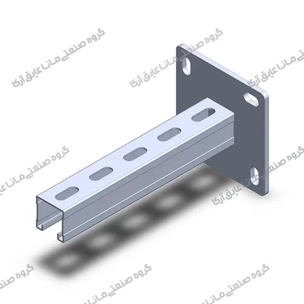 تصویر یک براکت چهار سوراخ فلزی نصب‌شده بر روی دیوار