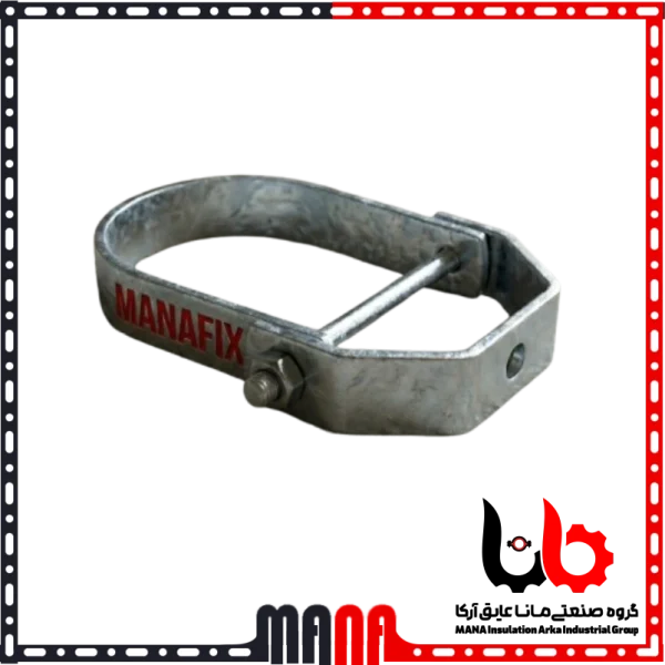 نمای پرسپکتیو از بست رکابی گالوانیزه برند مانافیکس با قاب و لوگوی گروه صنعتی مانا عایق آرکا